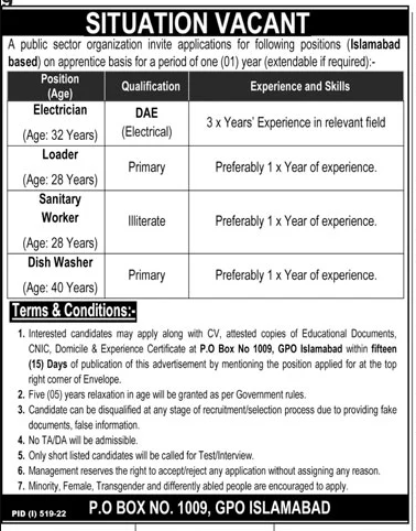 Public Sector Organization Islamabad Jobs 2022 Latest Advertisement