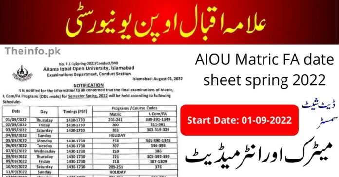 AIOU Date Sheet Spring 2022 download now