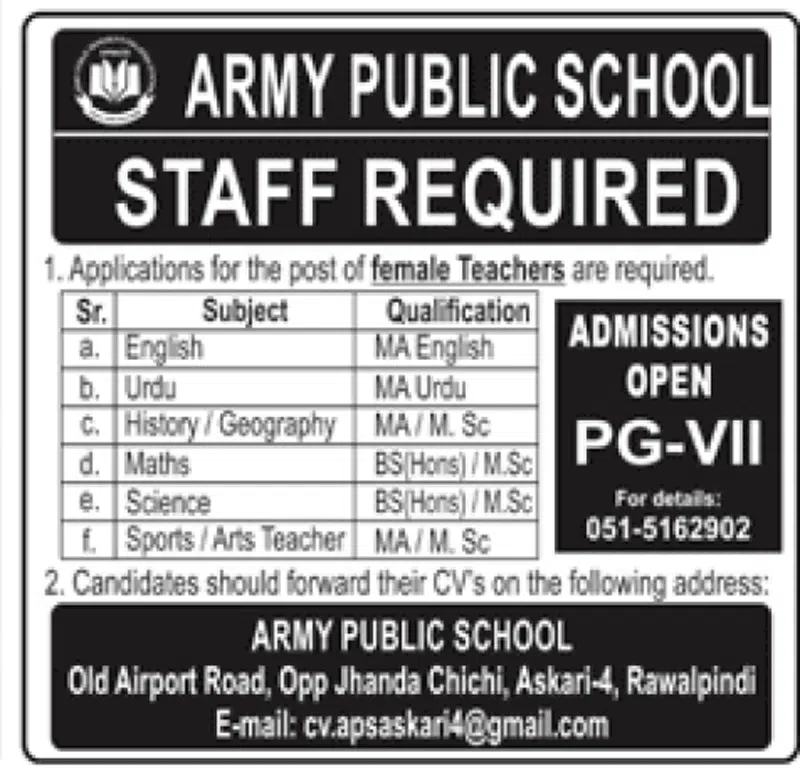 Army Public School APS Askari IV Rawalpindi Jobs 2022 Apply Online