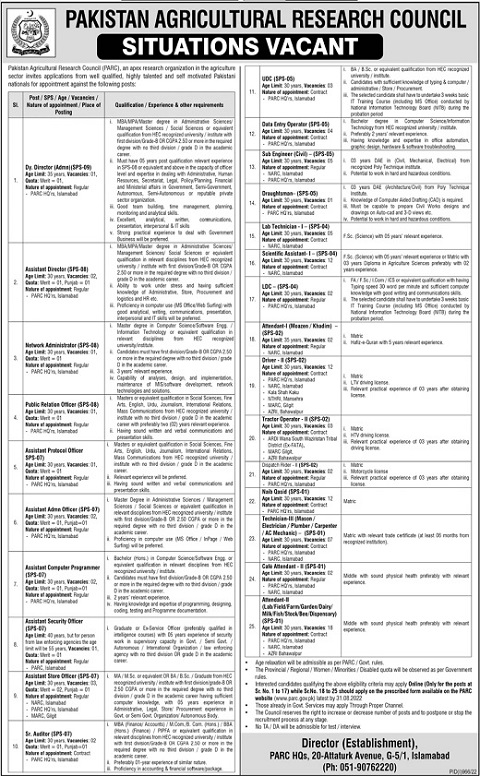 Pakistan Agriculture Research Council govt PARC Jobs