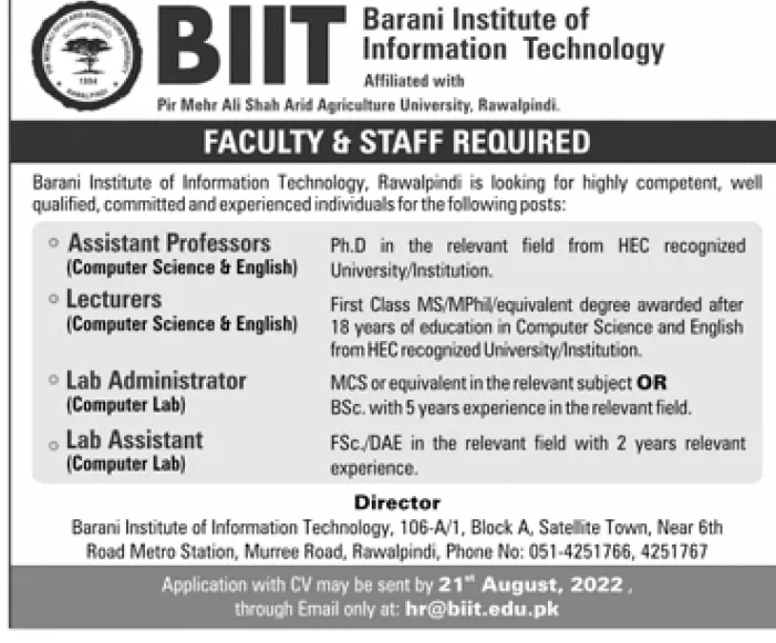 BIIT Jobs 2022 | Barani Institute of Information Technology 