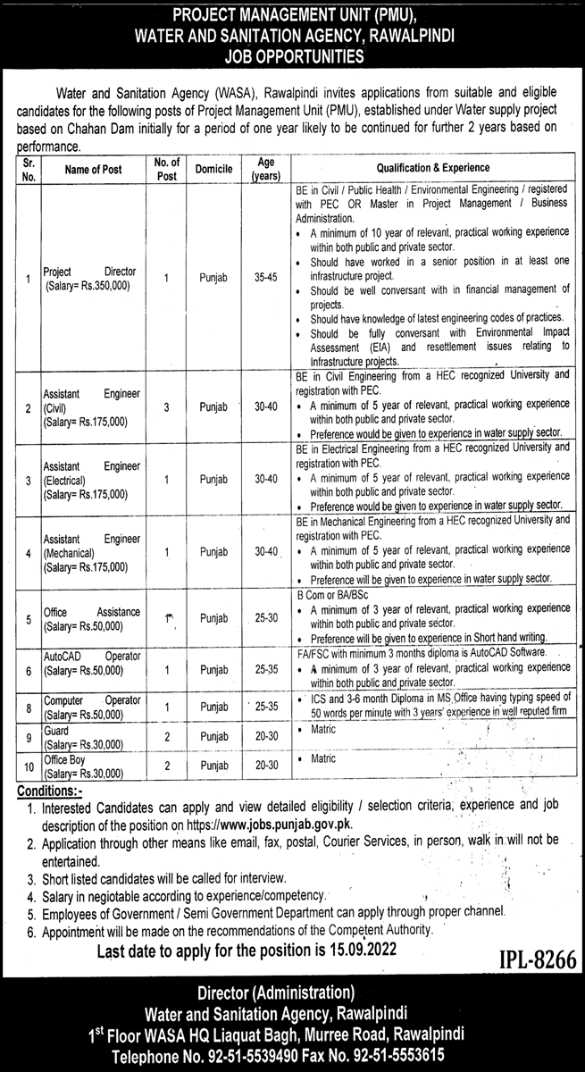 WASA Jobs In Rawalpindi 2022 application form apply online now