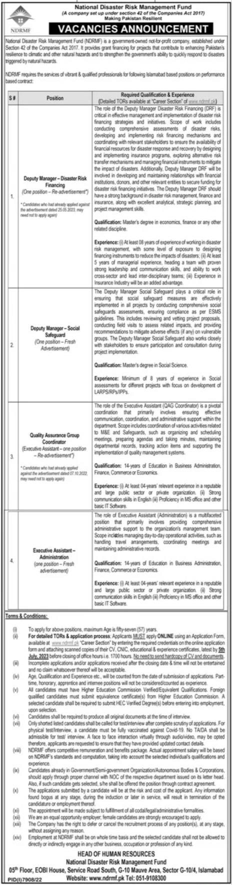 National Disaster Risk Management Fund Jobs In Islamabad