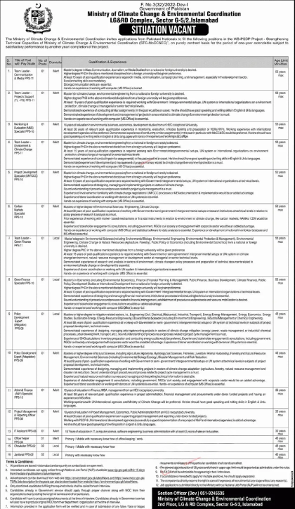 Ministry of Climate Change Jobs 2023 MOCC Jobs Advertisement