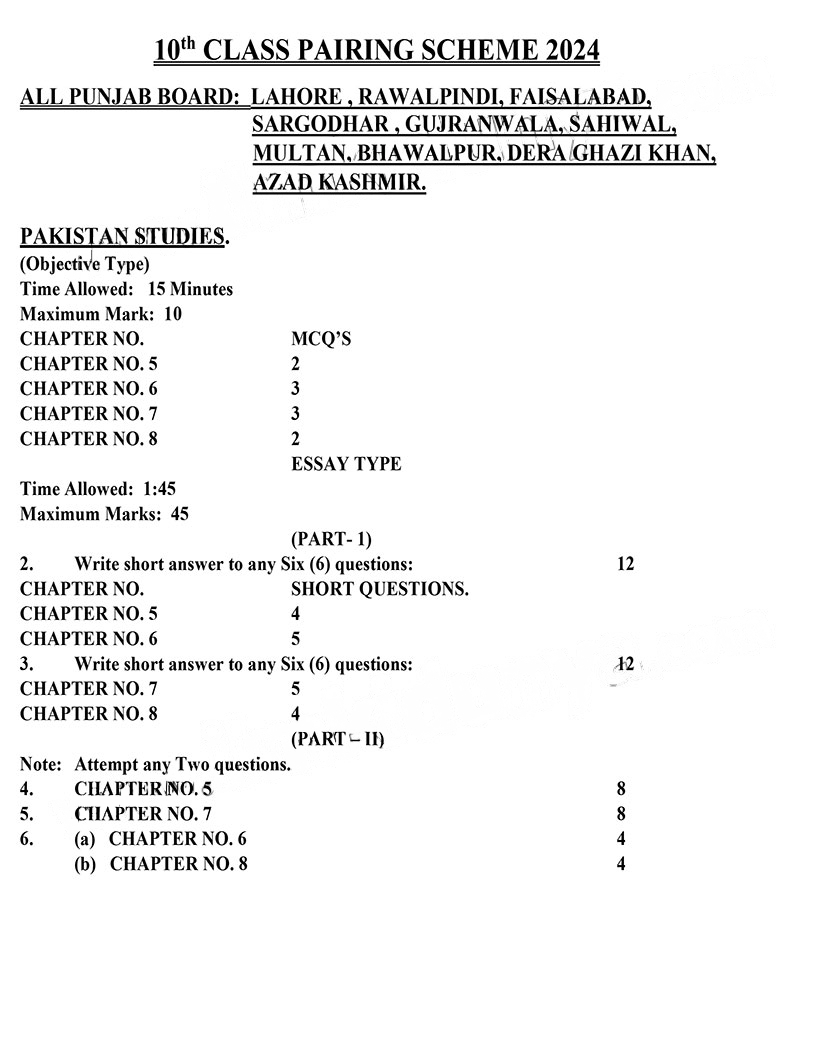 Pairing Scheme Of 10th Class Pak Study