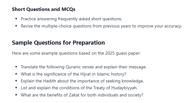 Matric part 1 Islamiat Guess Paper